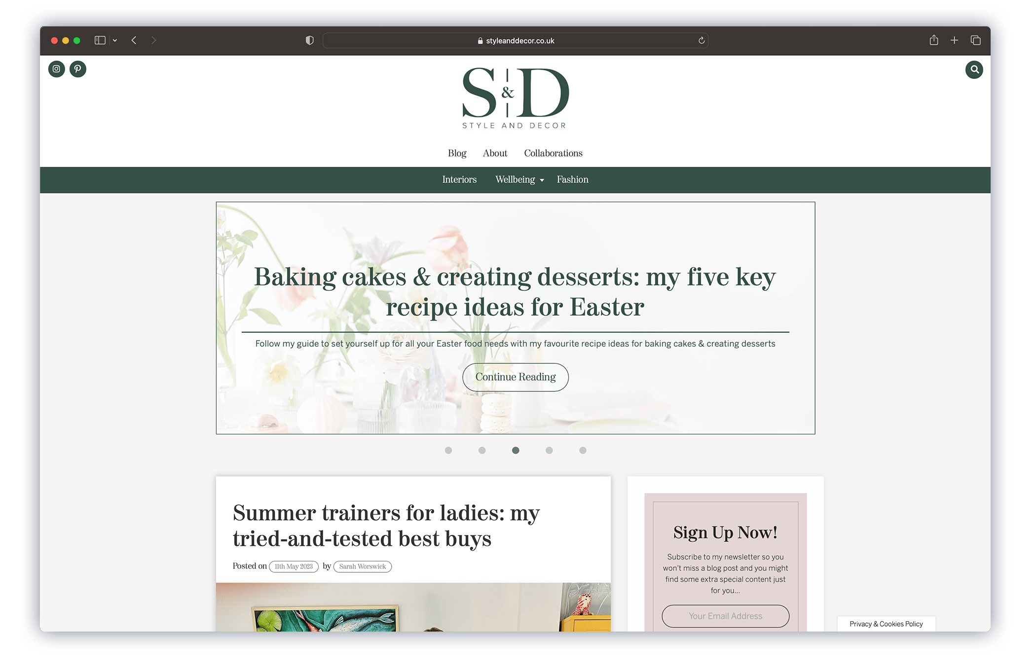 Homepage for styleanddecor.co.uk, a lifestyle blog with cream background and green accent colour